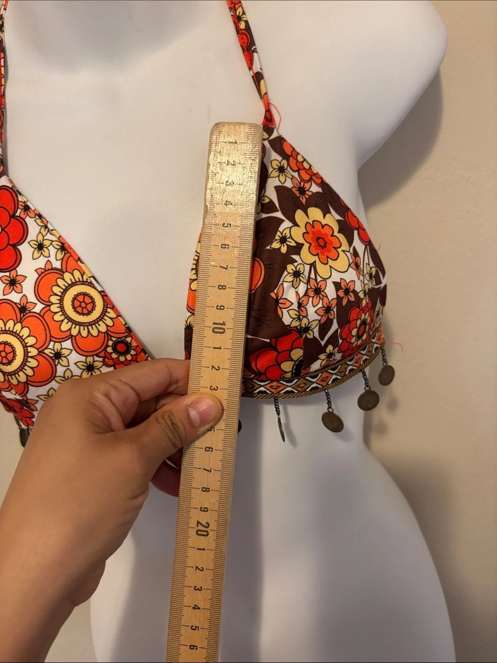 Retro Floral Halter Bikini Top in Orange & Brown